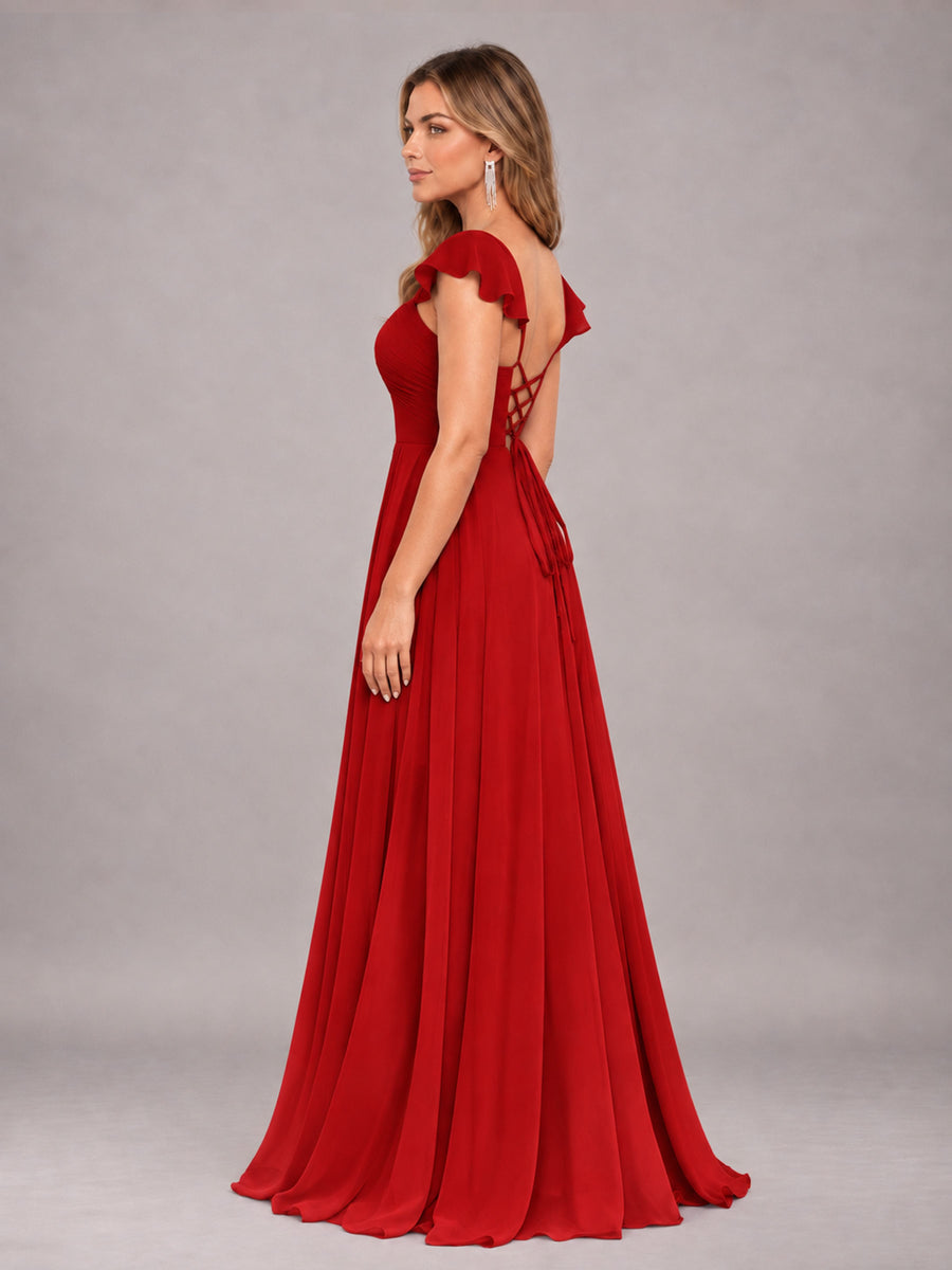 Red Classy Sweetheart Pleated Chiffon Bridesmaid Dress With Pockets