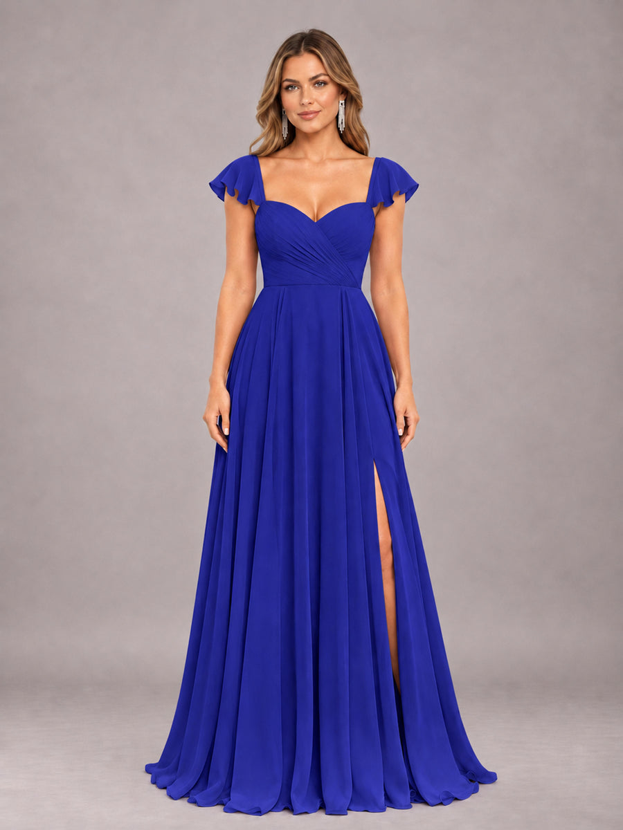 Royal Blue Classy Sweetheart Pleated Chiffon Bridesmaid Dress With Pockets