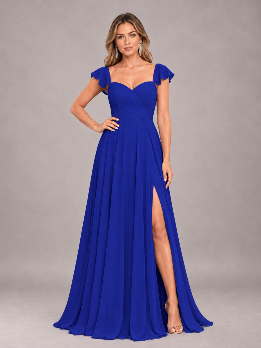 Royal Blue Classy Sweetheart Pleated Chiffon Bridesmaid Dress With Pockets
