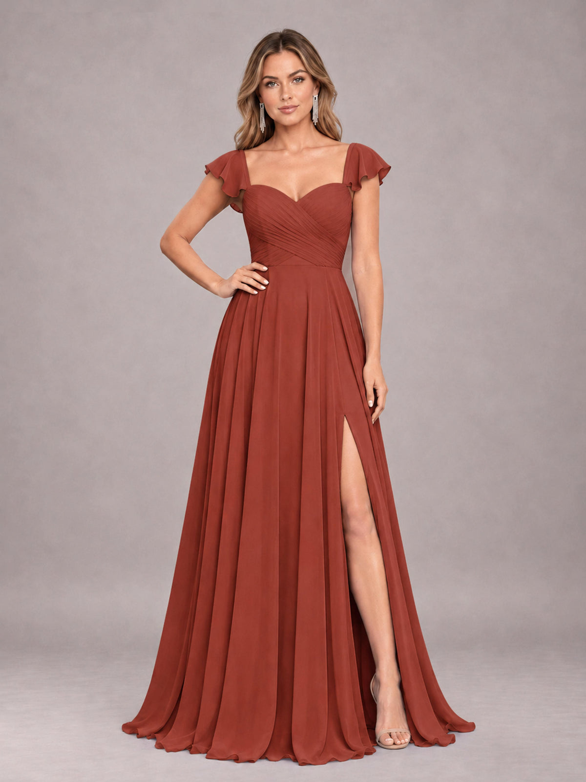 Rust Classy Sweetheart Pleated Chiffon Bridesmaid Dress With Pockets