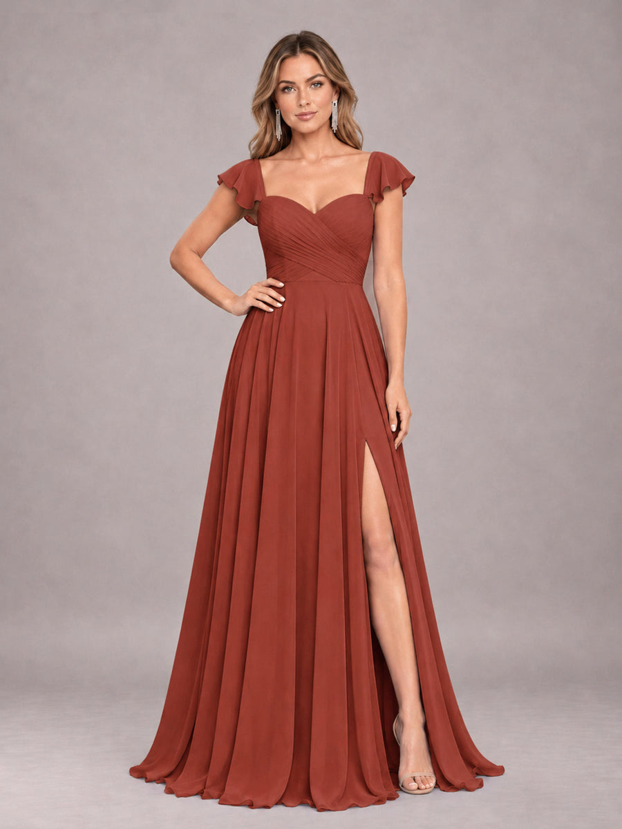 Rust Classy Sweetheart Pleated Chiffon Bridesmaid Dress With Pockets