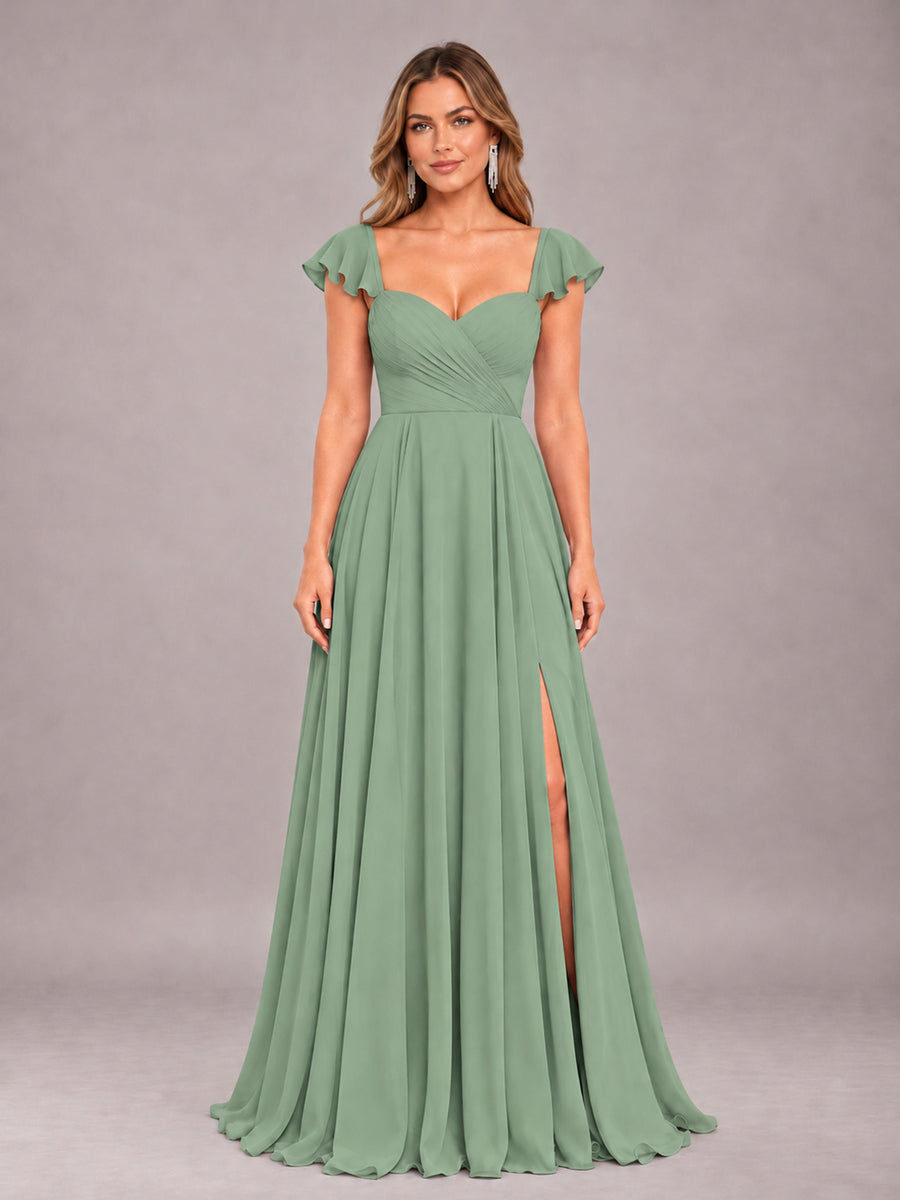 Sage Green Classy Sweetheart Pleated Chiffon Bridesmaid Dress With Pockets