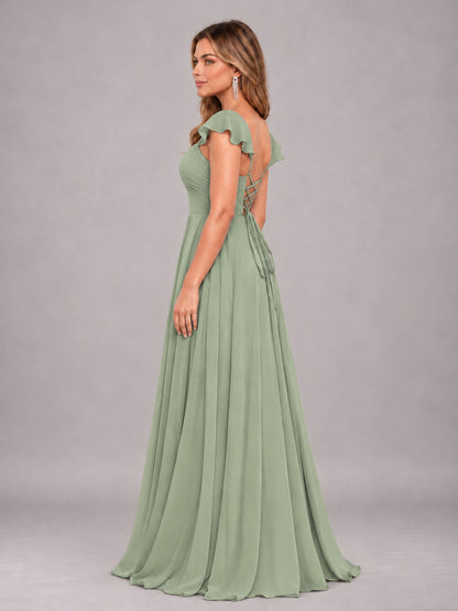 Sage Green Classy Sweetheart Pleated Chiffon Bridesmaid Dress With Pockets