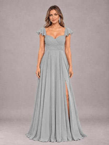 Silver Classy Sweetheart Pleated Chiffon Bridesmaid Dress With Pockets
