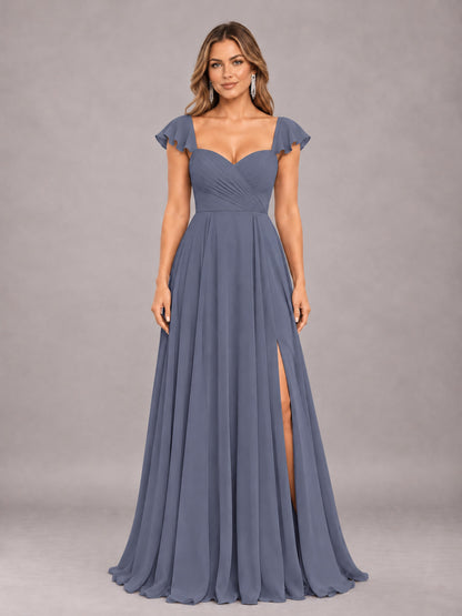 Stormy Blue Classy Sweetheart Pleated Chiffon Bridesmaid Dress With Pockets