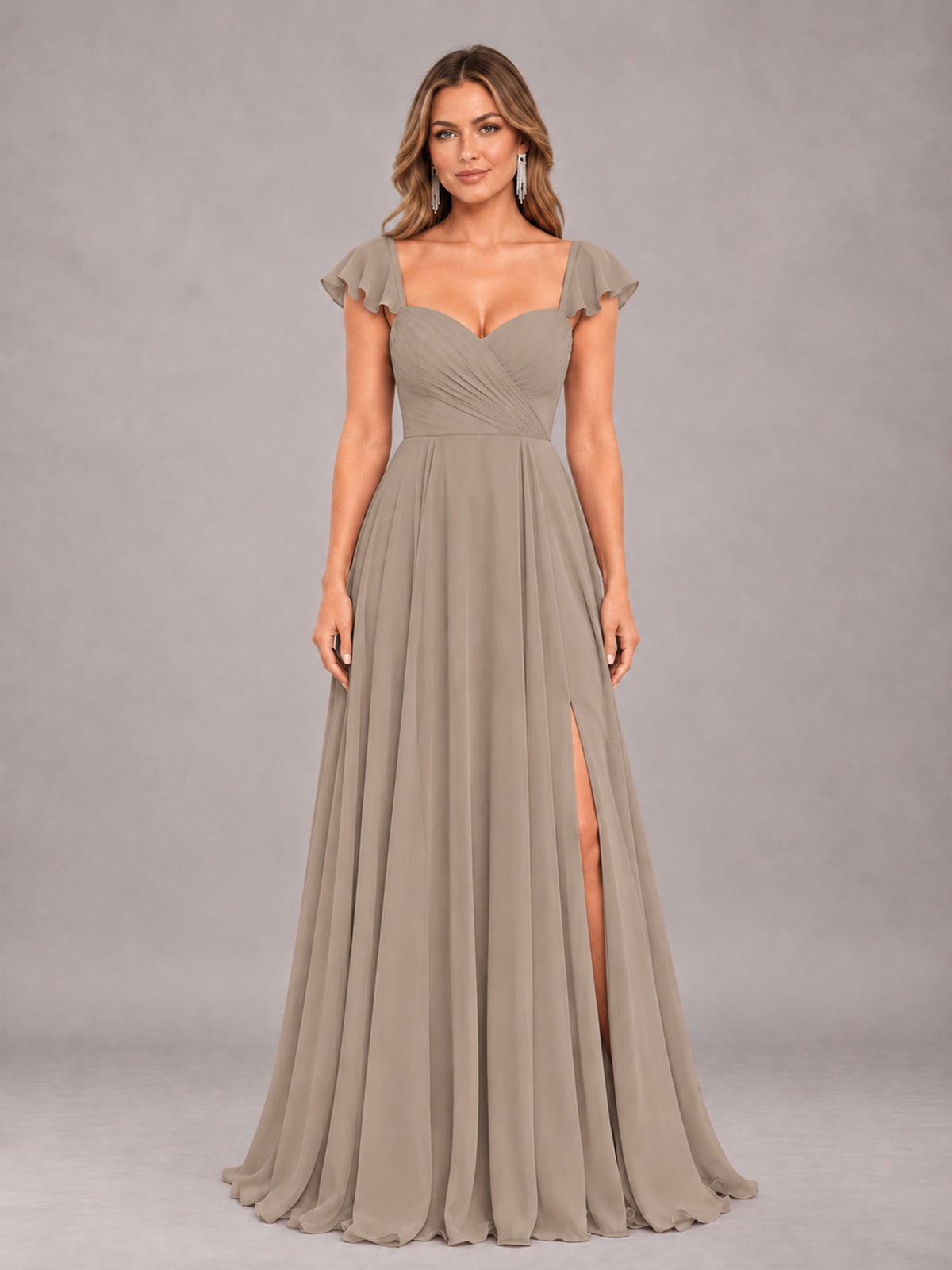 Taupe Classy Sweetheart Pleated Chiffon Bridesmaid Dress With Pockets