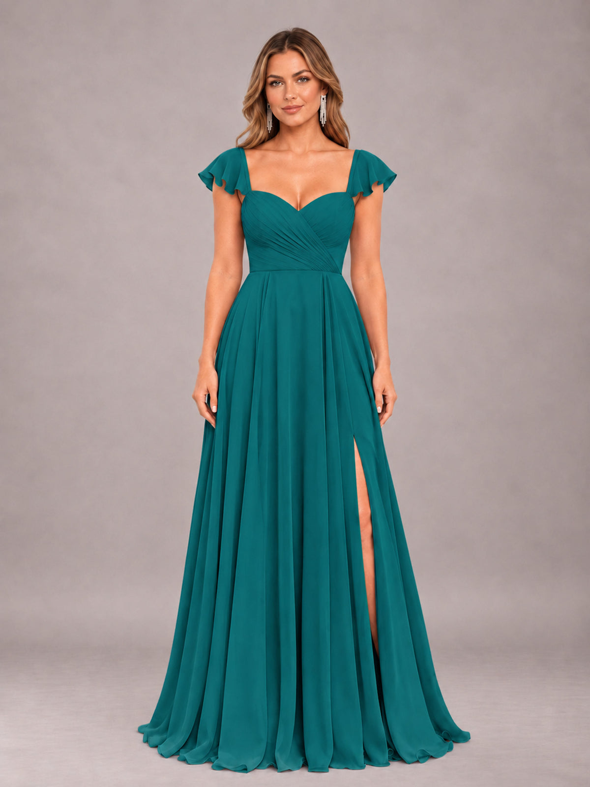 Teal Classy Sweetheart Pleated Chiffon Bridesmaid Dress With Pockets