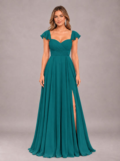 Teal Classy Sweetheart Pleated Chiffon Bridesmaid Dress With Pockets