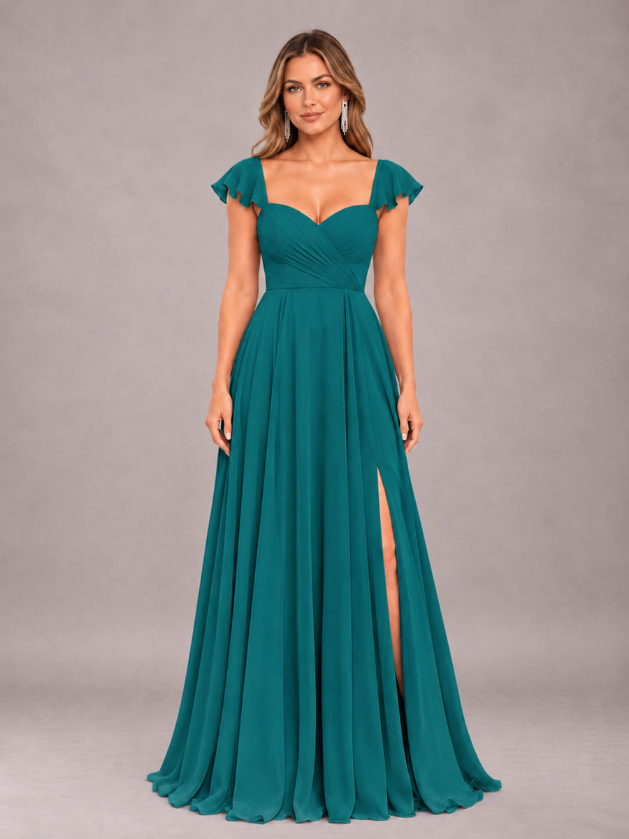 Teal Classy Sweetheart Pleated Chiffon Bridesmaid Dress With Pockets