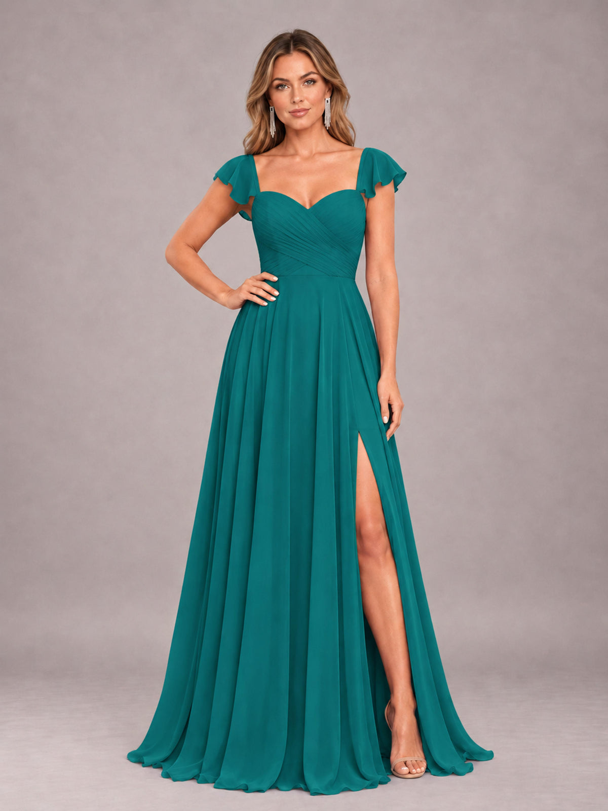 Teal Classy Sweetheart Pleated Chiffon Bridesmaid Dress With Pockets