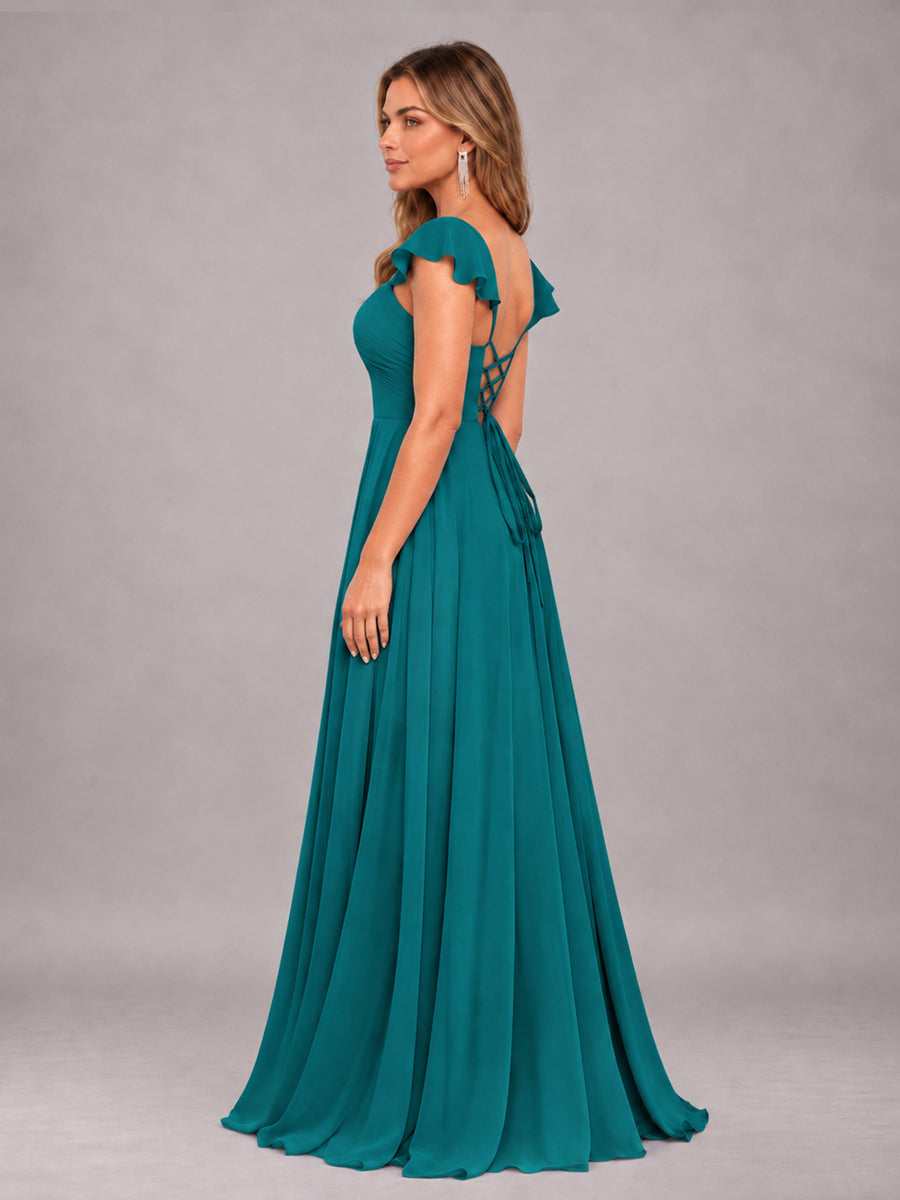 Teal Classy Sweetheart Pleated Chiffon Bridesmaid Dress With Pockets