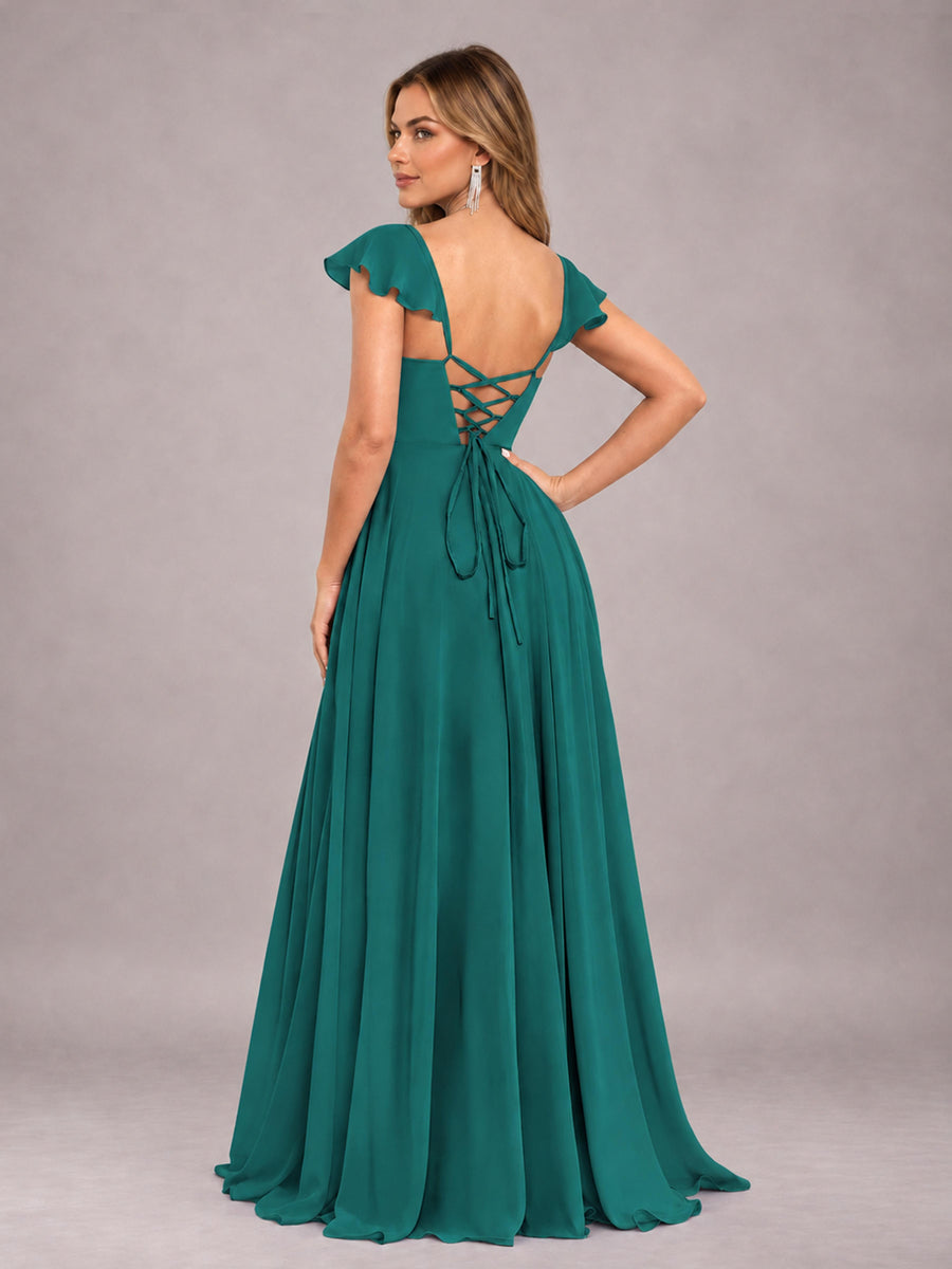Teal Classy Sweetheart Pleated Chiffon Bridesmaid Dress With Pockets