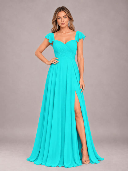 Turquoise Classy Sweetheart Pleated Chiffon Bridesmaid Dress With Pockets