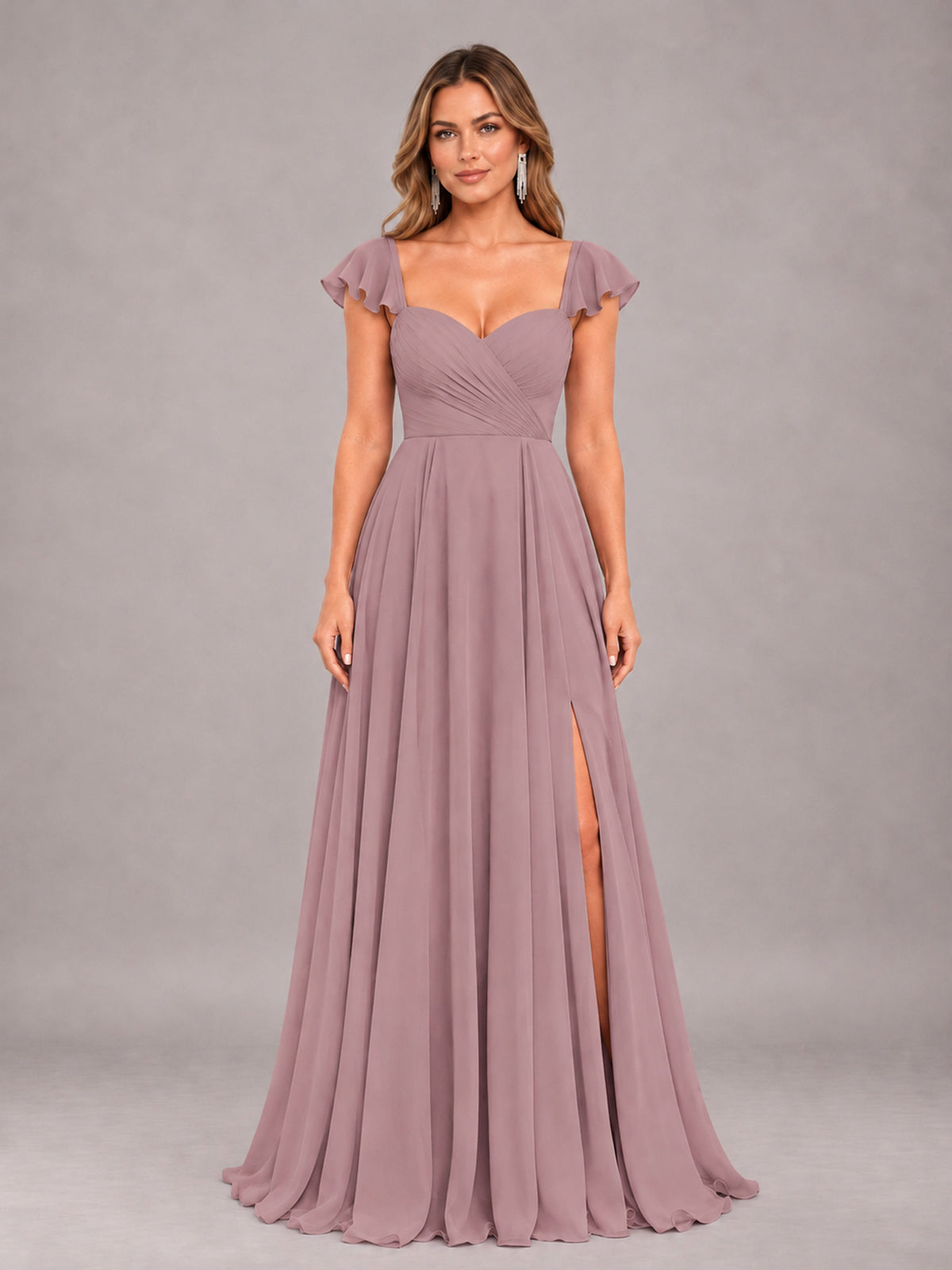 Vintage Mauve Classy Sweetheart Pleated Chiffon Bridesmaid Dress With Pockets