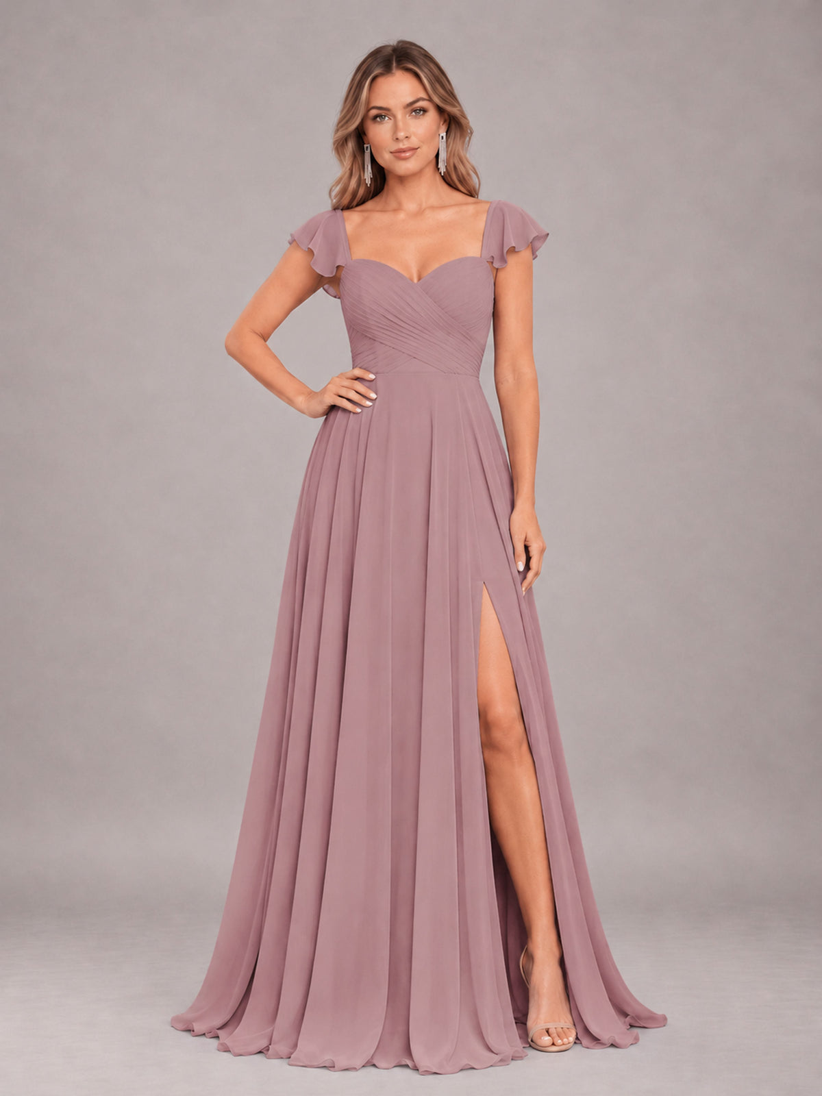 Vintage Mauve Classy Sweetheart Pleated Chiffon Bridesmaid Dress With Pockets