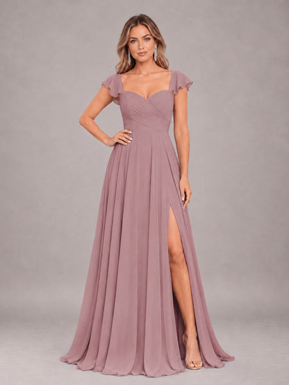 Vintage Mauve Classy Sweetheart Pleated Chiffon Bridesmaid Dress With Pockets