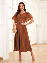 Classy V-Neck Appliques Tea Length Lace Mother Of The Bride Groom Dresses