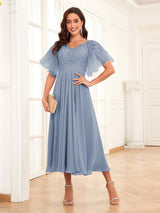 Classy V-Neck Appliques Tea Length Lace Mother Of The Bride Groom Dresses