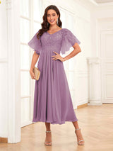 Classy V-Neck Appliques Tea Length Lace Mother Of The Bride Groom Dresses