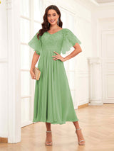 Classy V-Neck Appliques Tea Length Lace Mother Of The Bride Groom Dresses