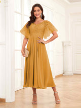 Classy V-Neck Appliques Tea Length Lace Mother Of The Bride Groom Dresses