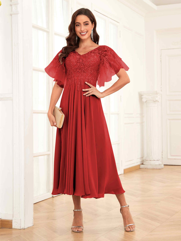 Red Classy V-Neck Appliques Tea Length Lace Mother Of The Bride Groom Dresses