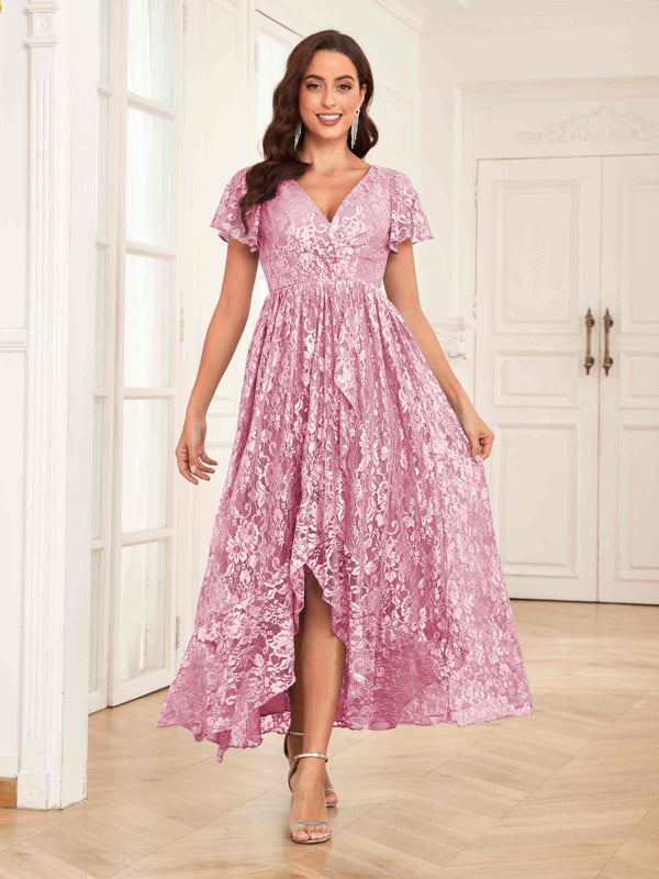 Candy Pink Classy V-Neck High Low Lace Chiffon Mother Of The Bride Dresses