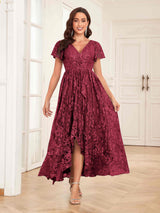 Classy V-Neck High Low Lace Chiffon Mother Of The Bride Dresses
