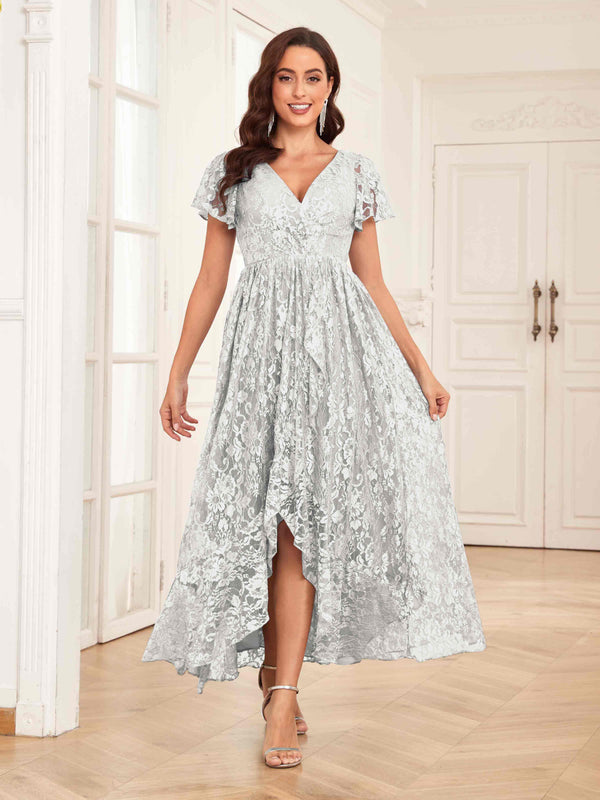 Ivory Classy V-Neck High Low Lace Chiffon Mother Of The Bride Dresses