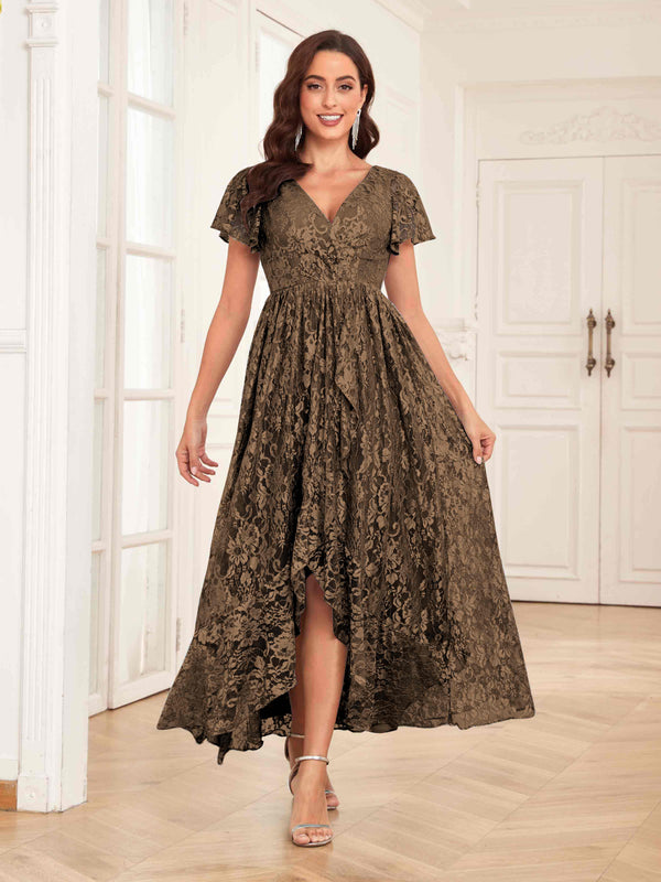 Mocha Classy V-Neck High Low Lace Chiffon Mother Of The Bride Dresses