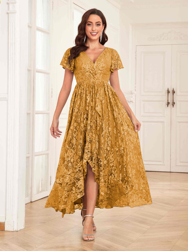 Mustard Classy V-Neck High Low Lace Chiffon Mother Of The Bride Dresses