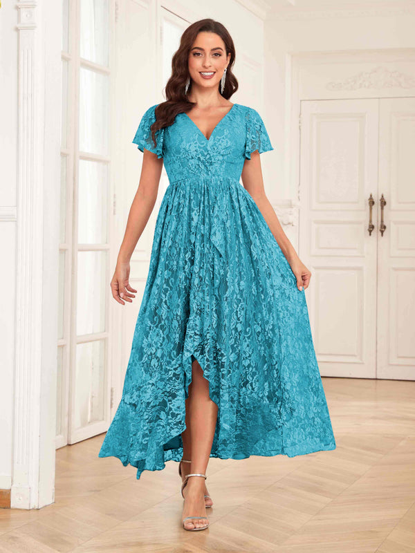 Pool Classy V-Neck High Low Lace Chiffon Mother Of The Bride Dresses