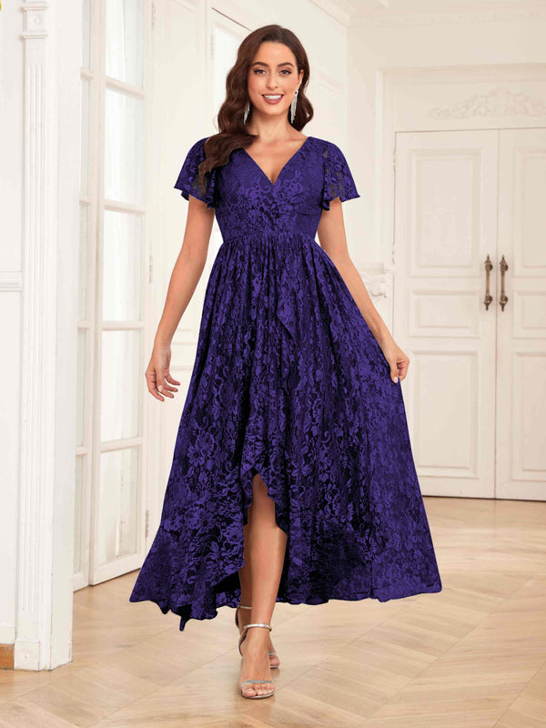 Regency Classy V-Neck High Low Lace Chiffon Mother Of The Bride Dresses