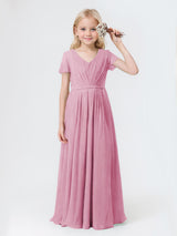 Classy V-Neck Short Sleeves Chiffon Floor Length Junior Bridesmaid Dresses