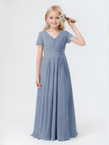 Classy V-Neck Short Sleeves Chiffon Floor Length Junior Bridesmaid Dresses