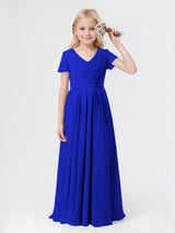 Classy V-Neck Short Sleeves Chiffon Floor Length Junior Bridesmaid Dresses