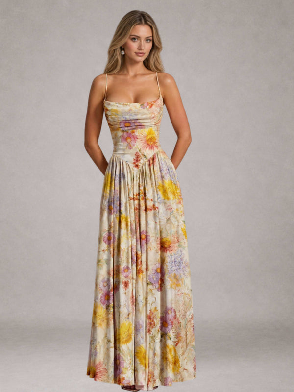 Free Shipping Colorful Wildflower Spaghetti Strap Cowl Neck A-Line Long Bridesmaid Dress with Lace-Up Back