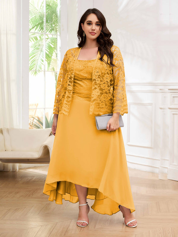 Mustard Couture Two Pieces Lace High Low Plus Size Mother Of The Bride Dresses