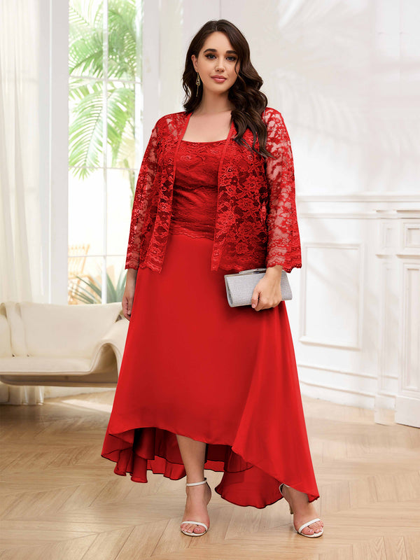 Red Couture Two Pieces Lace High Low Plus Size Mother Of The Bride Dresses