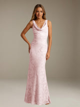 Free Shipping Cowl-Neck Floral Lace Wedding Guest Dress Sheath Lace-Up Back Floor Length