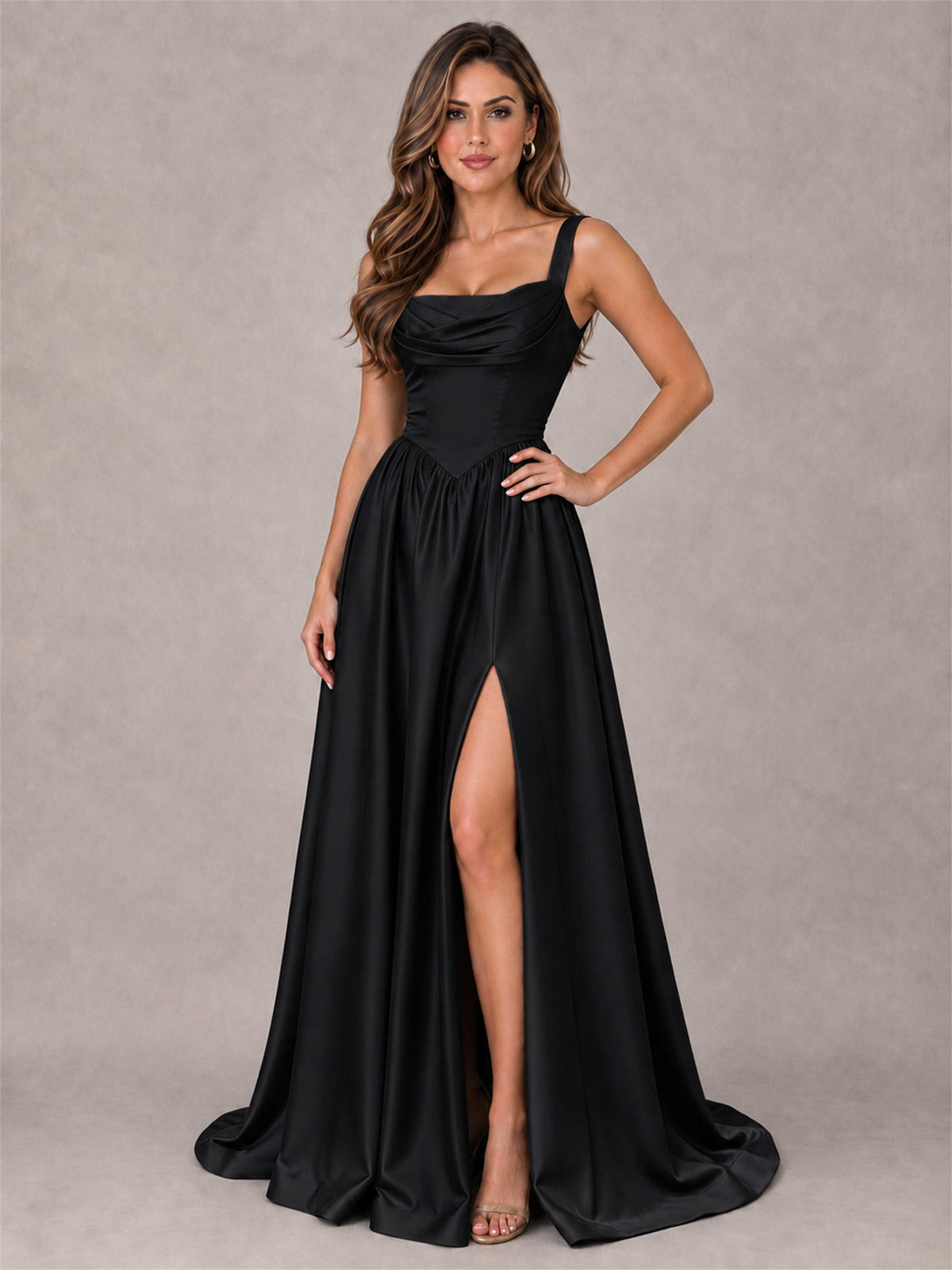 Cowl Neck Strap Satin Formal Dress High Slit A-Line Floor Length Evening Gown
