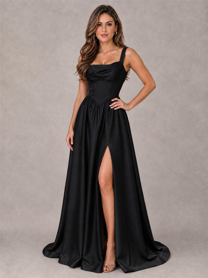 Cowl Neck Strap Satin Formal Dress High Slit A-Line Floor Length Evening Gown