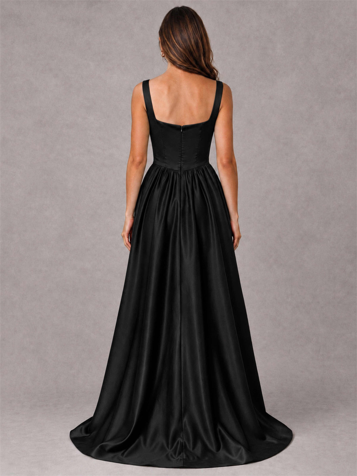 Cowl Neck Strap Satin Formal Dress High Slit A-Line Floor Length Evening Gown
