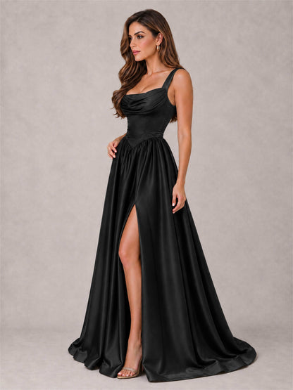 Cowl Neck Strap Satin Formal Dress High Slit A-Line Floor Length Evening Gown