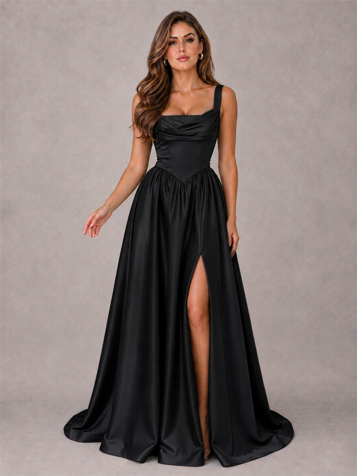 Cowl Neck Strap Satin Formal Dress High Slit A-Line Floor Length Evening Gown