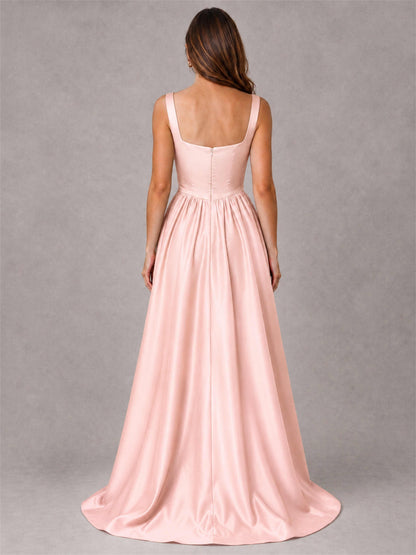 Cowl Neck Strap Satin Formal Dress High Slit A-Line Floor Length Evening Gown