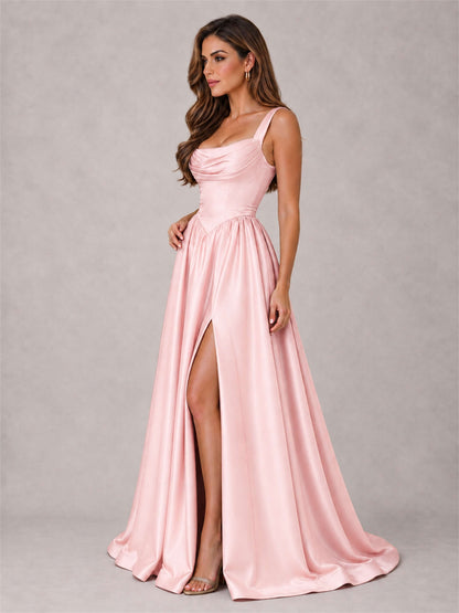Cowl Neck Strap Satin Formal Dress High Slit A-Line Floor Length Evening Gown