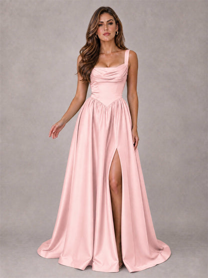 Cowl Neck Strap Satin Formal Dress High Slit A-Line Floor Length Evening Gown