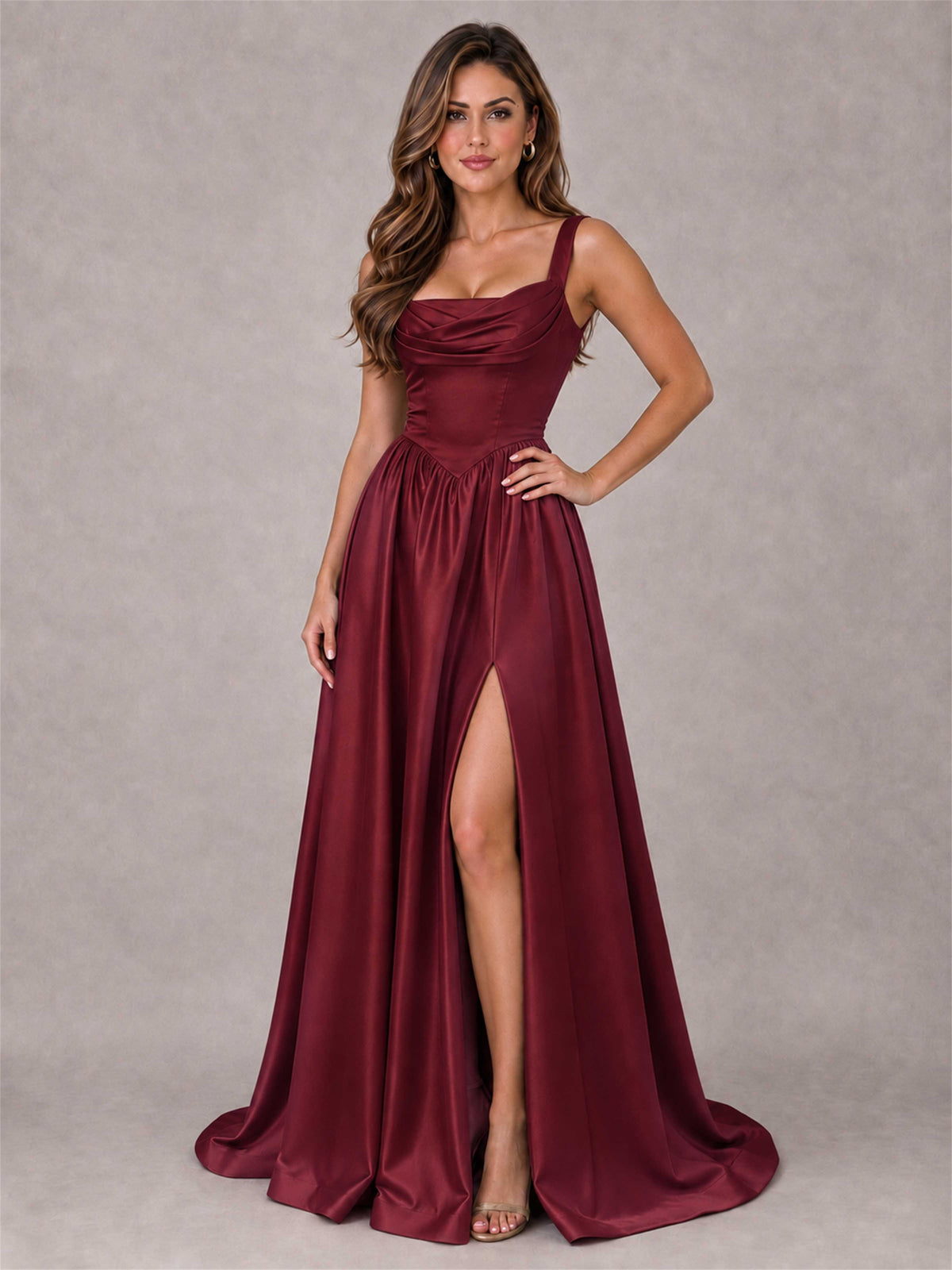 Cowl Neck Strap Satin Formal Dress High Slit A-Line Floor Length Evening Gown
