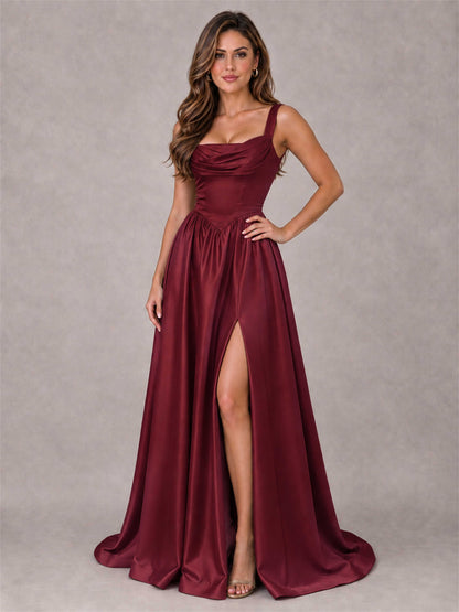 Cowl Neck Strap Satin Formal Dress High Slit A-Line Floor Length Evening Gown